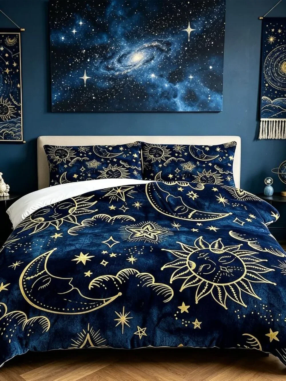 Celestial Comforter Set Queen Size Blue Gold Sun and Moon Boho Bedding for Kids